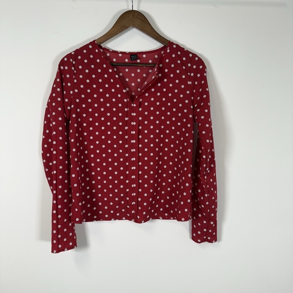 SHEIN Women's Blouse Polka Dot Red White Long Sleeve Shirt Size XS